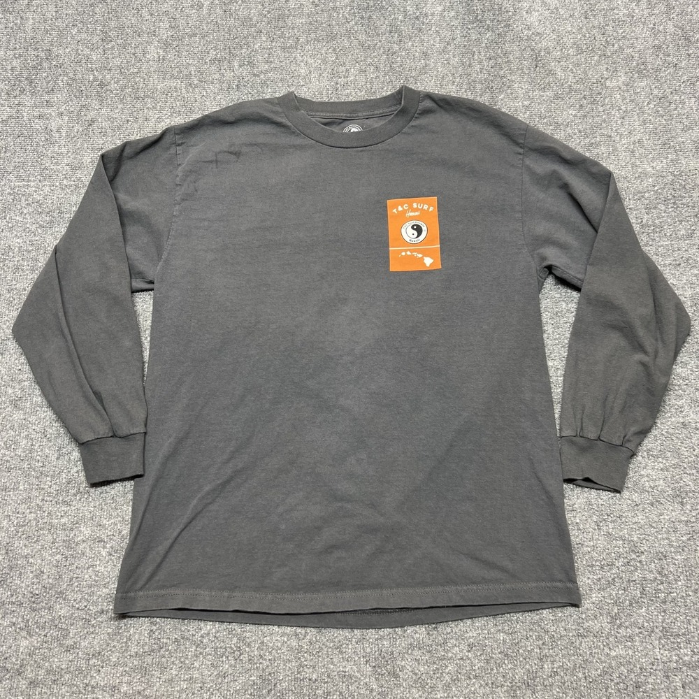T&C Surf Designs Shirt Mens Large Gray Wave Hawaii Long Sleeve Back Graphic Tee